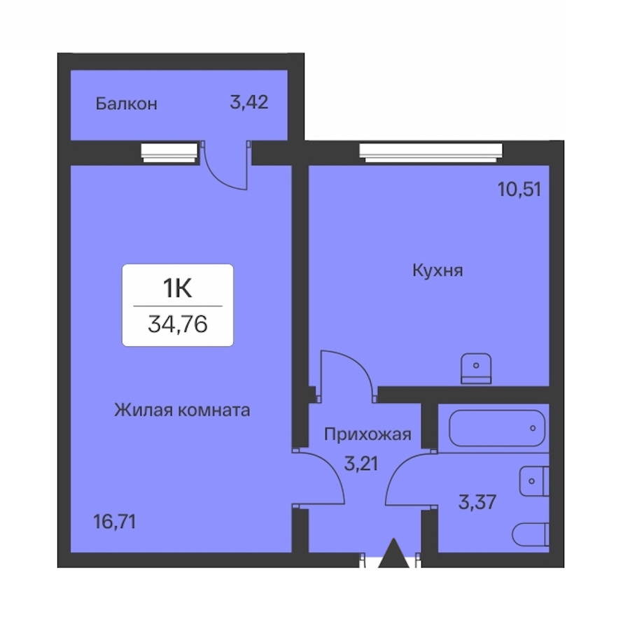 1-комнатная квартира 34.76 м², 5/9 эт., ЖК «Расцветай в Янино»
